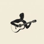 Silhouette di un uomo che suona la chitarra acustica su uno sfondo color crema.