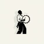 Silhouette di un uomo che canta e suona il tamburello davanti a un microfono.