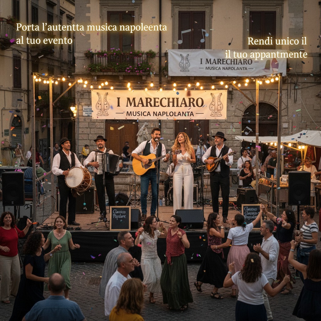 Un gruppo musicale si esibisce dal vivo su un palco all'aperto mentre le persone ballano in una piazza cittadina decorata con luci.